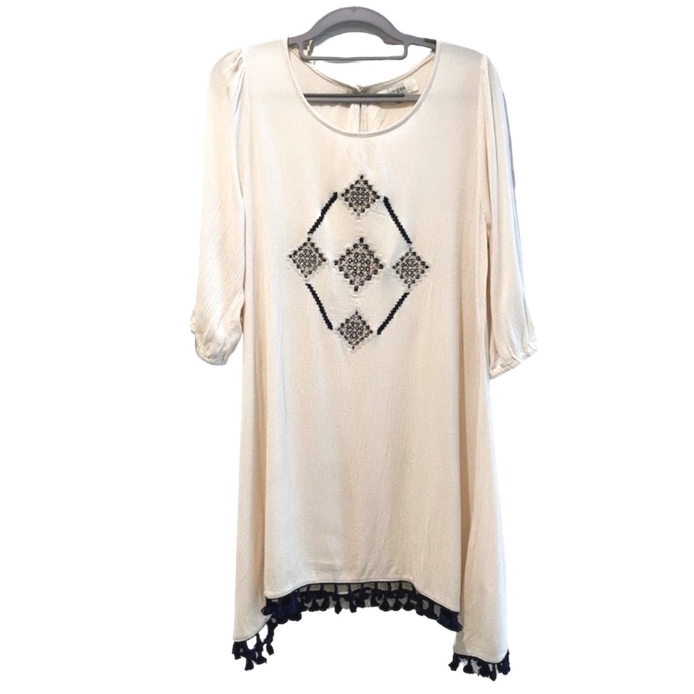 Umgee USA Cream Boho Embroidered Tassel Tunic Dress Medium Ivory Navy Blue